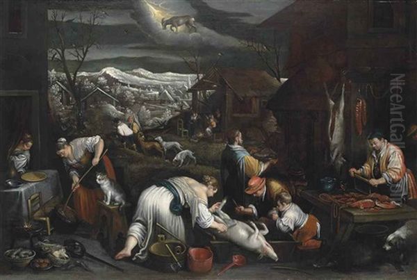 December: A Village In Winter With Figures Slaughtering A Pig, Other Figures By Cottages Gathering Faggots, Snow-covered Mountains In The Distance Oil Painting by Francesco Bassano the Younger