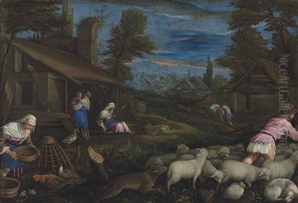 A Shepherd With His Flock And A Woman Feeding Poultry In A Village, With Other Figures Resting By A Cottage Oil Painting by Francesco Bassano the Younger