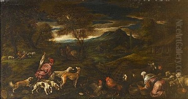 An Extensive River Landscape With A Huntsman And His Dogs, A Washerwoman With Chickens, Sheep And Goats Nearby Oil Painting by Francesco Bassano the Younger