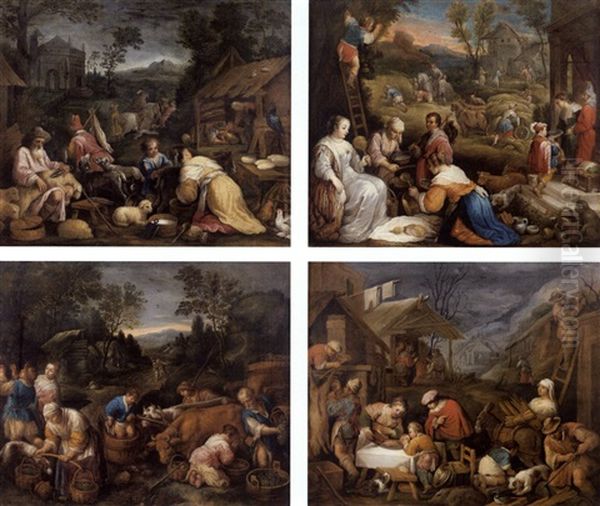 Allegorie Des Quatre Saisons: Le Printemps Ou La Tonte Des Moutons (+ 3 Others; Set Of 4) Oil Painting by Francesco Bassano the Younger