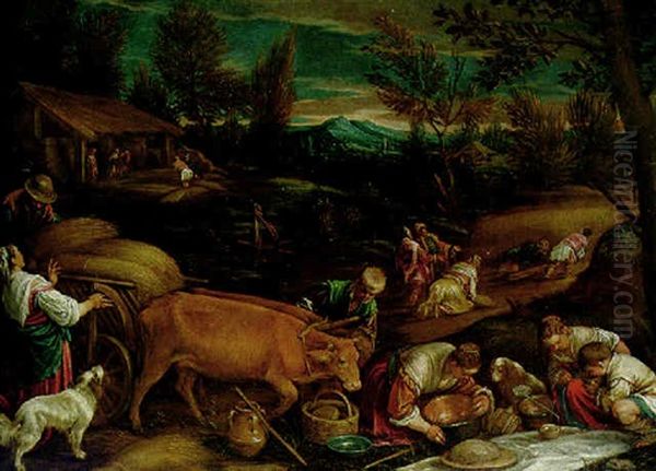 Summer: A Wooded Landscape With Peasants Harvesting, A Meal Being Laid Out In The Foreground Oil Painting by Francesco Bassano the Younger