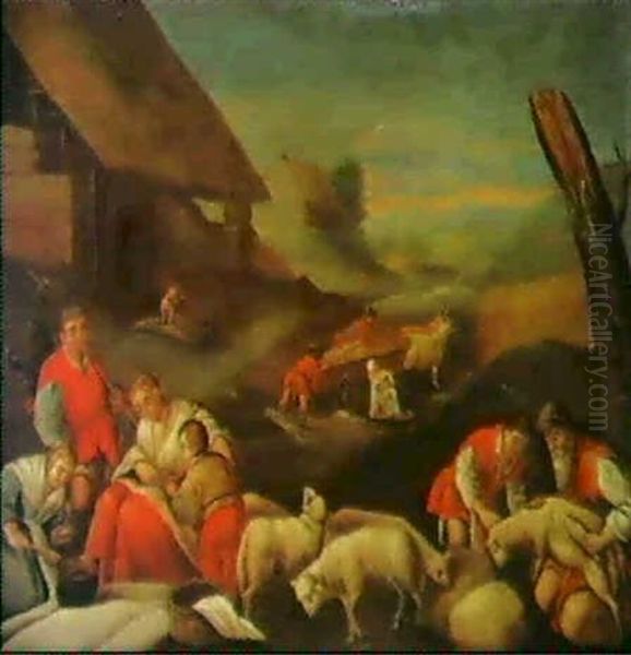 Hirten Bei Der Schafschur Und Frauen                        Mit Suppenkesseln Vorn Oil Painting by Francesco Bassano the Younger