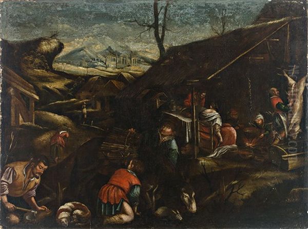 Allegorie Des Winters. Figurenreiche Landliche Szenerie Mit Bauern Bei Verschiedenen Tatigkeiten, U.a. Beim Schlachten, Holz Sammeln Und Aufbereiten. Weiter Blick Auf Gebirgigen Horizont Oil Painting by Francesco Bassano