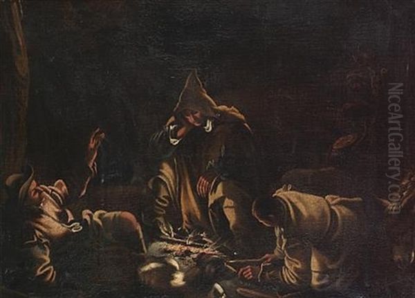 Travellers Seated Around A Campfire Oil Painting by Gerolamo da Ponte Bassano