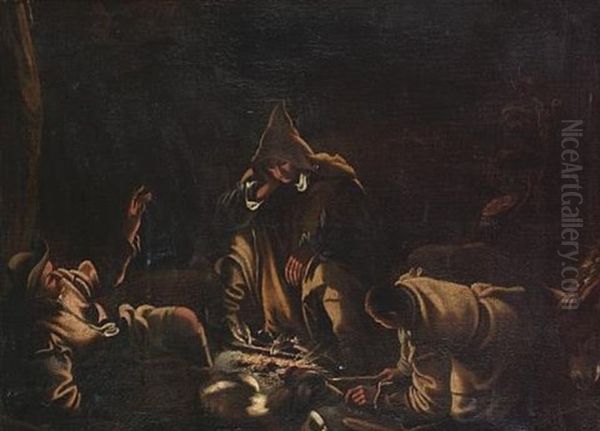 Travellers Seated Around A Campfire Oil Painting by Gerolamo da Ponte Bassano