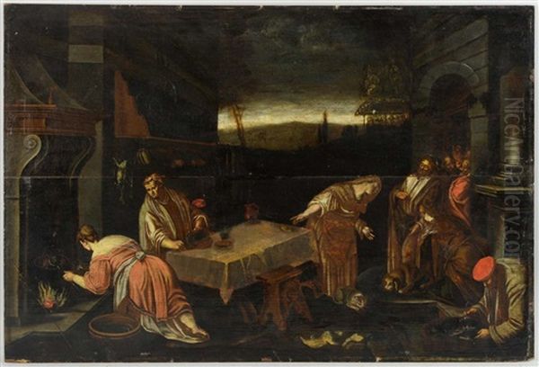 Scene With Figures Around A Table Oil Painting by Jacopo dal Ponte Bassano