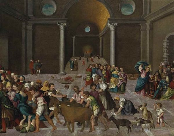 Christ Driving The Tradesmen From The Temple Oil Painting by Jacopo dal Ponte Bassano