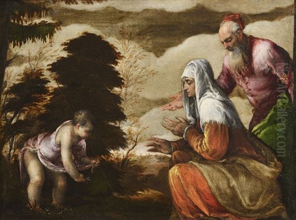 John The Baptist Offers Flowers To His Mother Oil Painting by Jacopo dal Ponte Bassano