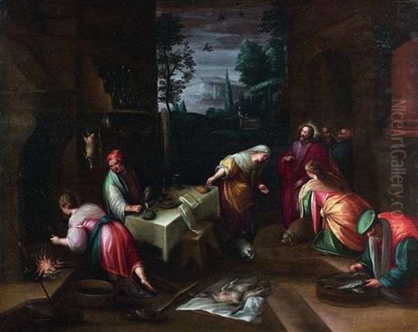 Jesus Chez Marthe Et Marie Oil Painting by Jacopo dal Ponte Bassano