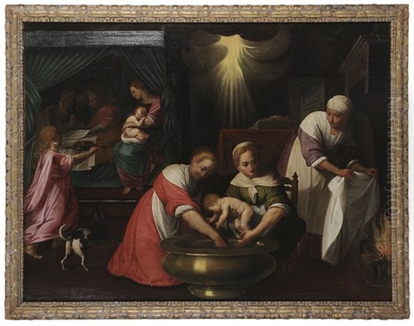 The First Bath Of The Infant Christ Oil Painting by Jacopo dal Ponte Bassano