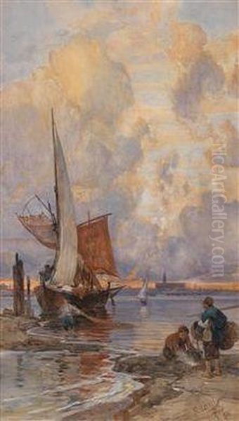 Fischer Und Segelbootim Abendrot Oil Painting by Franz Theodor Aerni