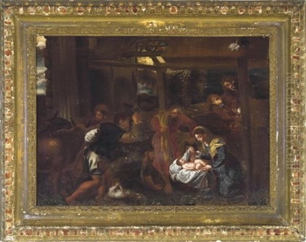 Adoration Of The Shepherds (after Titian) Oil Painting by Jacopo dal Ponte Bassano