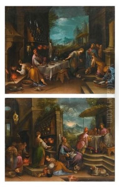 Supper At Emmaus; Christ In The House Of Mary And Martha (pair) Oil Painting by Jacopo dal Ponte Bassano