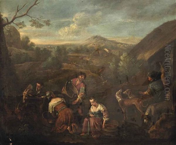 An Allegory Of Spring: A Hunter And His Dogs And Goatherds With Their Herd In A Pastoral Landscape Oil Painting by Jacopo dal Ponte Bassano