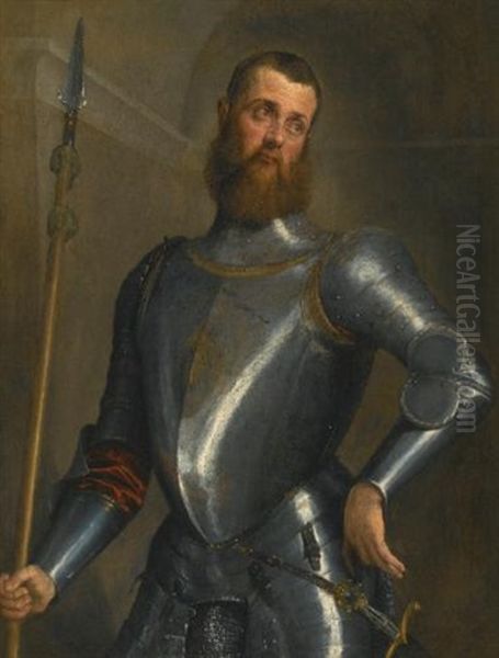 Portrait Of A Gentleman, Half Length, In Full Armor, Holding A Partesan, A Broad Sword At His Hip by Jacopo dal Ponte Bassano