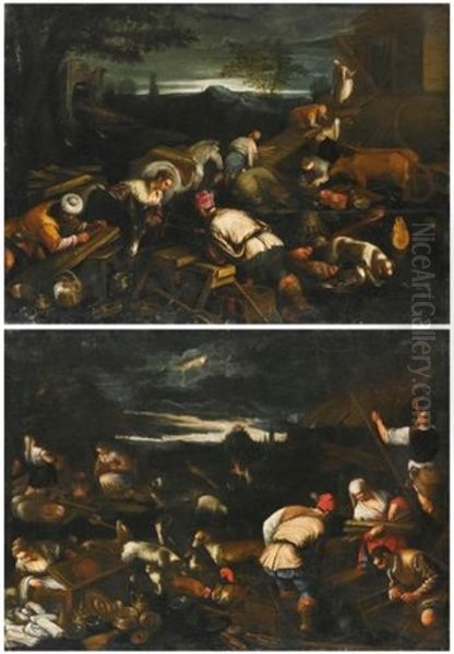 Noah Leading The Animals Onto The Ark; Noah's Sacrifice After The Flood (pair) Oil Painting by Jacopo dal Ponte Bassano