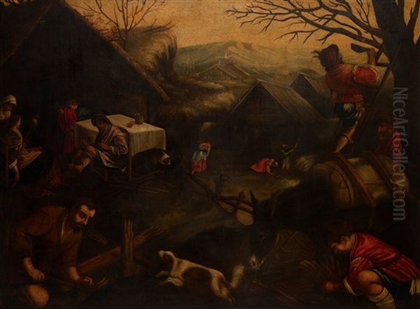 Peasants Working In A Village In A Hilly Landscape - An Allegory Of Winter Oil Painting by Jacopo dal Ponte Bassano