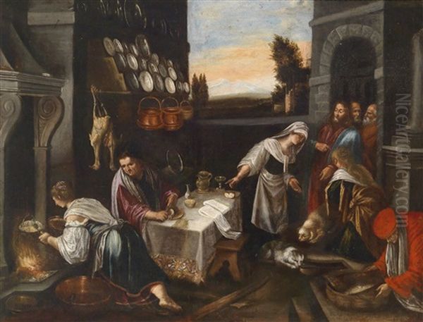 Christus Im Hause Von Martha Und Maria Oil Painting by Jacopo dal Ponte Bassano