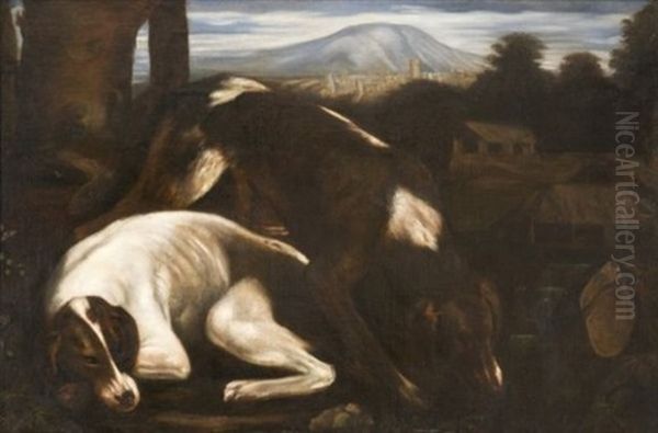 Deux Chiens Dans Un Paysage Oil Painting by Jacopo dal Ponte Bassano