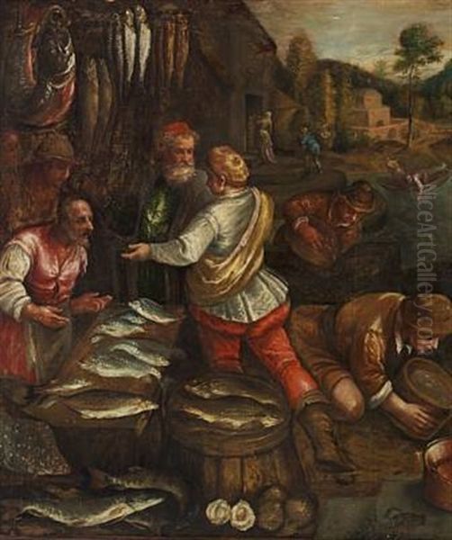 People Buying Fish. In The Background Mountains And Architecture Oil Painting by Jacopo dal Ponte Bassano