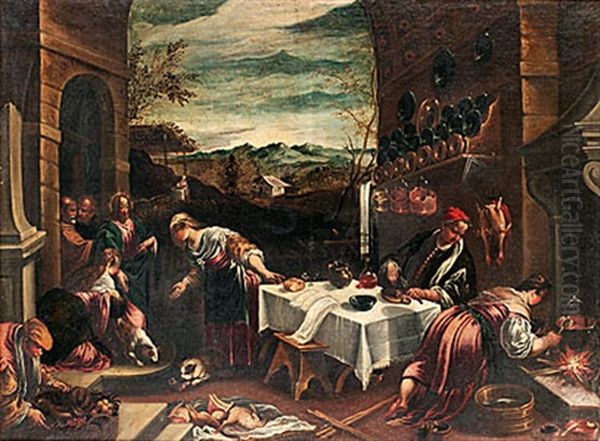 Jesus Hos Maria Och Marta Oil Painting by Jacopo dal Ponte Bassano