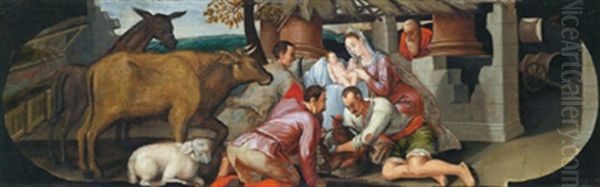 Die Anbetung Der Hirten - L'adorazione Dei Pastori Oil Painting by Jacopo dal Ponte Bassano