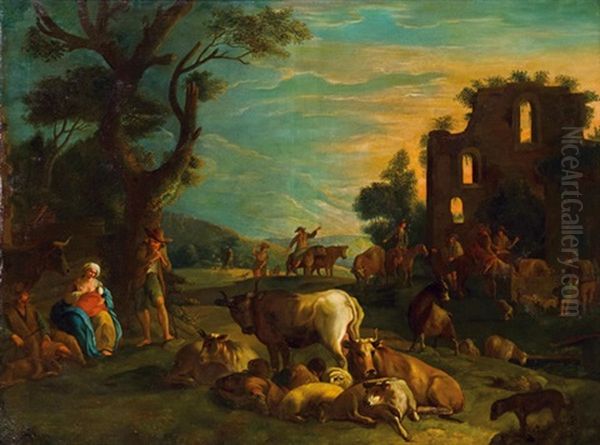 Landschaft Mit Hirtenszene Oil Painting by Jacopo dal Ponte Bassano