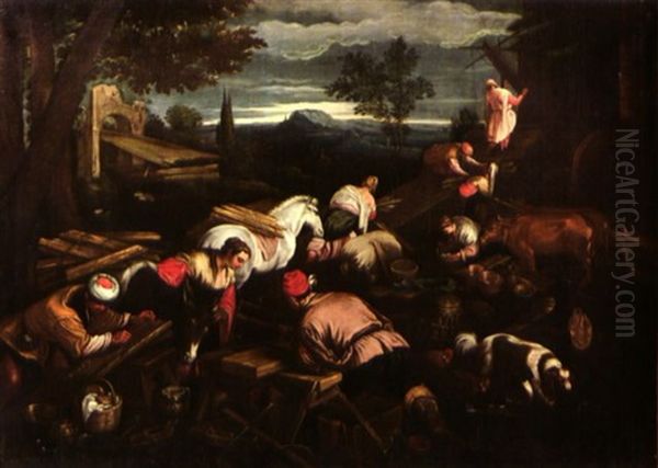 La Construction De L'arche De Noe Oil Painting by Jacopo dal Ponte Bassano