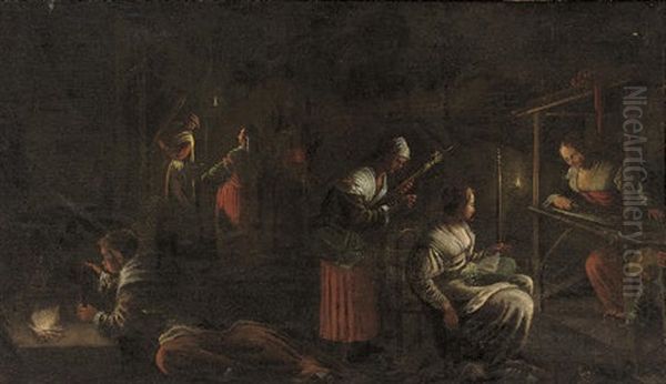 Women Weaving In A Candlelit Interior Oil Painting by Jacopo dal Ponte Bassano