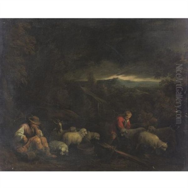 Landscape With Herdsmen And Their Flock Oil Painting by Jacopo dal Ponte Bassano