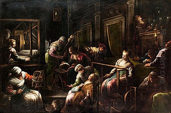 Interior Med Husliga Sysslor Oil Painting by Jacopo dal Ponte Bassano