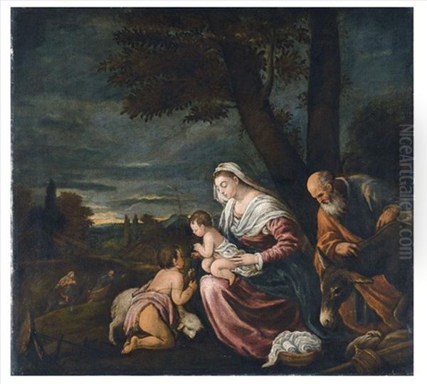 The Holy Family With Saint John The Baptist, The Flight Into Egypt Beyond Oil Painting by Jacopo dal Ponte Bassano