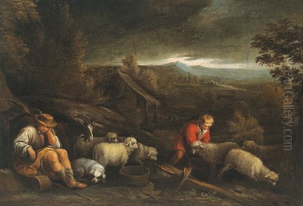 Pastori Con Gregge In Un Paesaggio Oil Painting by Jacopo dal Ponte Bassano