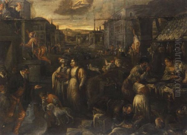 A Street Market With Townsfolk Dressed For Carnival Oil Painting by Jacopo dal Ponte Bassano