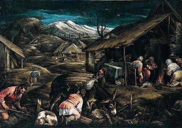 A Mountainous Landscape With Peasants Gathering Firewood, Others Gathered With A Newborn Around A Fire (winter) Oil Painting by Jacopo dal Ponte Bassano