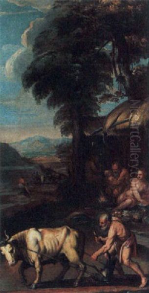 A Peasant With A Ploughing Ox And A Family Sitting By A Fire Oil Painting by Jacopo dal Ponte Bassano