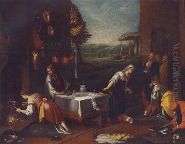 Christ In The House Of Martha And Mary Oil Painting by Jacopo dal Ponte Bassano