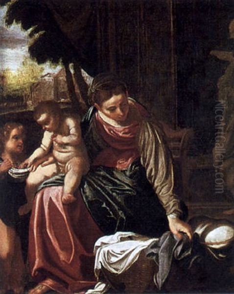 Maria Mit Dem Kind Und Einem Engel, Der Dem Jesusknaben Kirschen Reicht Oil Painting by Jacopo dal Ponte Bassano