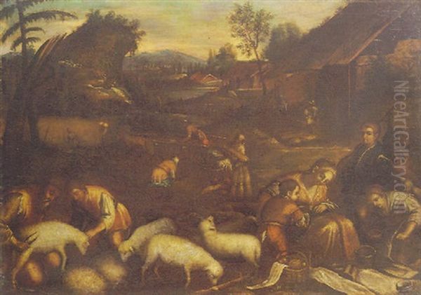 Paesaggio Con Contadini In Primo Piano Oil Painting by Jacopo dal Ponte Bassano