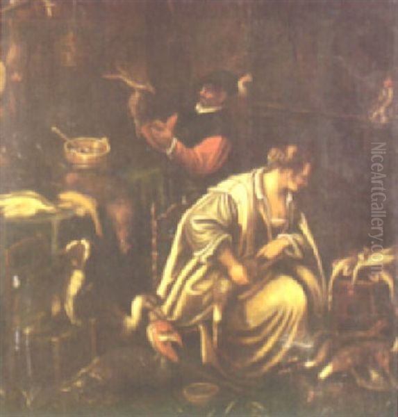 An Interior Scene With A Male Figure Holding A Falcon And A Lady Plucking Duck by Jacopo dal Ponte Bassano