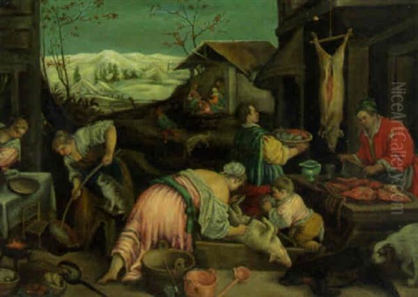 Peasants Preparing A Meal In A Village, Snow Covered Mountains Beyond by Jacopo dal Ponte Bassano