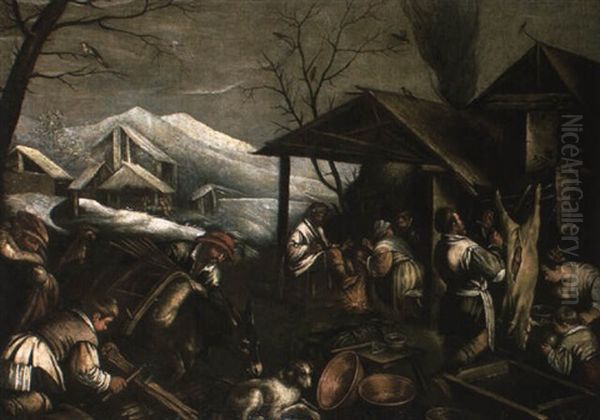 Peasants Before A Farmhouse - Winter Oil Painting by Jacopo dal Ponte Bassano