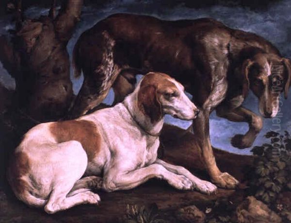 Deux Chiens Se Reposant Pres D'un Tronc D'arbre by Jacopo dal Ponte Bassano