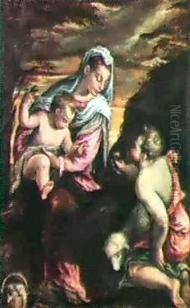 Madonna And Child With The Infant Saint John The Baptist    In A Landscape Oil Painting by Jacopo dal Ponte Bassano