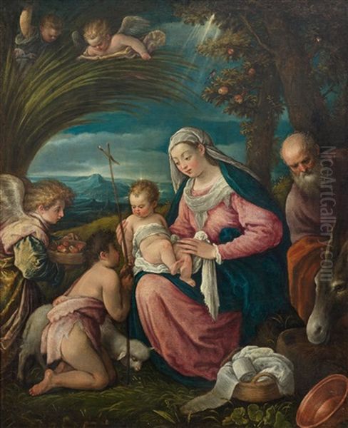 The Holy Family With John And An Angel Oil Painting by Leandro da Ponte Bassano