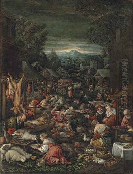 A Village On Market Day With Poultry And Other Livestock Oil Painting by Leandro da Ponte Bassano