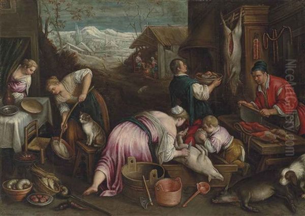 December: A Village In Winter With Figures Slaughtering A Pig, Others By A Fire In A Cottage, With Snow-covered Mountains In The Distance Oil Painting by Leandro da Ponte Bassano