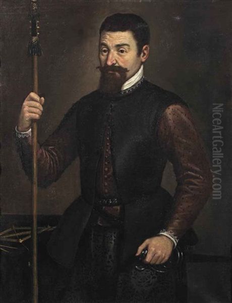 Portrait Of A Military Engineer, Three-quarter-length, In A Purple Silk Coat And Black Doublet, Holding A Staff And A Sword, Measuring Instruments... Oil Painting by Leandro da Ponte Bassano