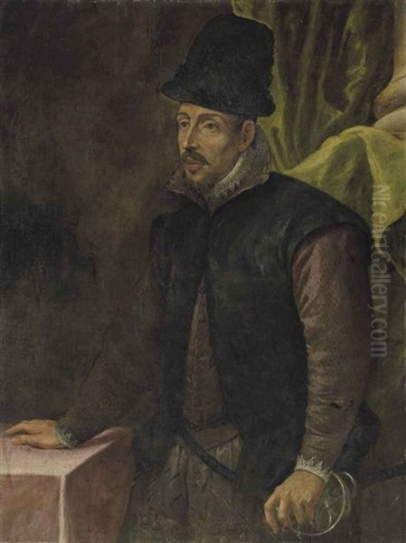 Portrait Of A Man, Three-quarter-length, In A Mauve Doublet, Lace Cuffs And Collar, And A Black Hat, His Left Hand Resting On The Hilt Of His Saber Oil Painting by Leandro da Ponte Bassano