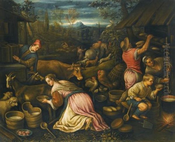 Spring - A Village Scene With Peasants Milking Goats And Baking Bread Oil Painting by Leandro da Ponte Bassano